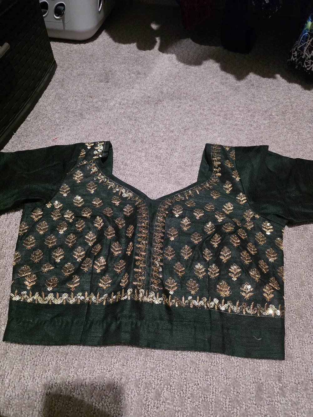 Elegant Women's Dark Green Embroidered Blouse with Gold Motif